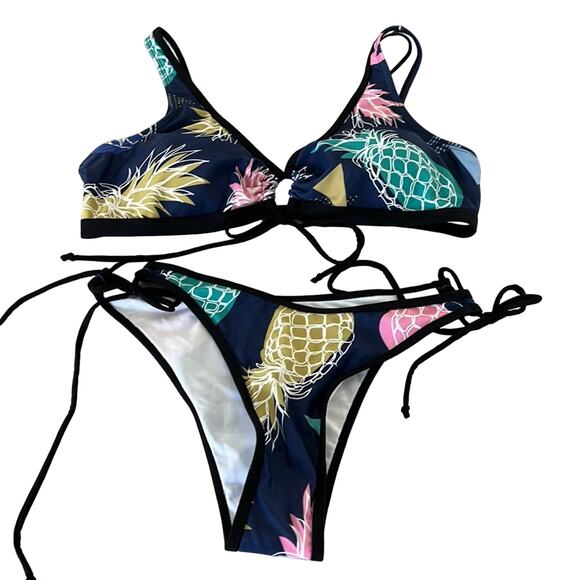 Pineapple Print 2pc String Bikini Swimsuit Size Large - Picture 1 of 10
